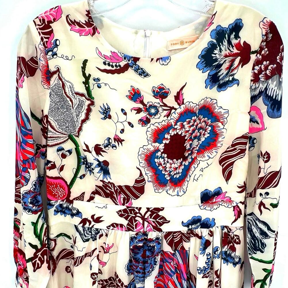 Tory Burch Cream Floral Long-Sleeve Dress with Blue, Red & Pink Accents